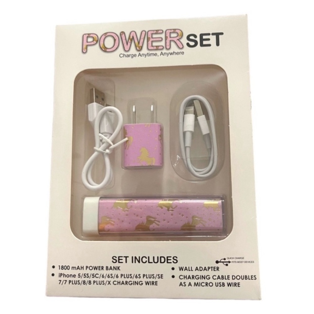 NEW Power Set Charge Mobile Devices Anywhere Power Bank Cables Adaptor Pink